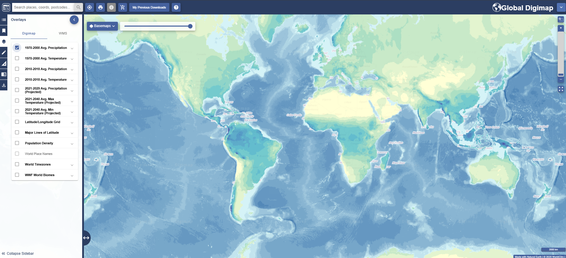 Gridded global maps showing average Precipitation from 1970 to 2000